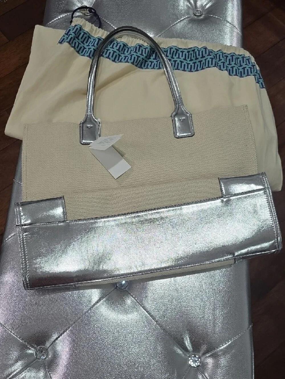 Tory Burch Cream Canvas Tote with Silver Logo and Trim